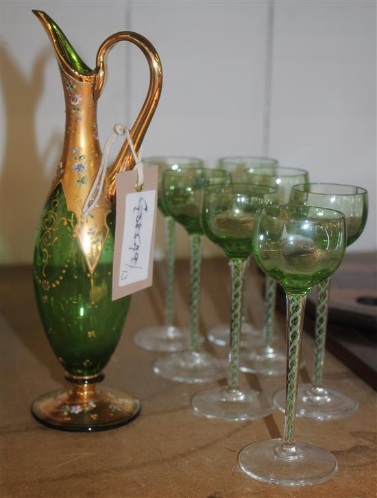 Green & gilt decanter & 7 airtwist glasses